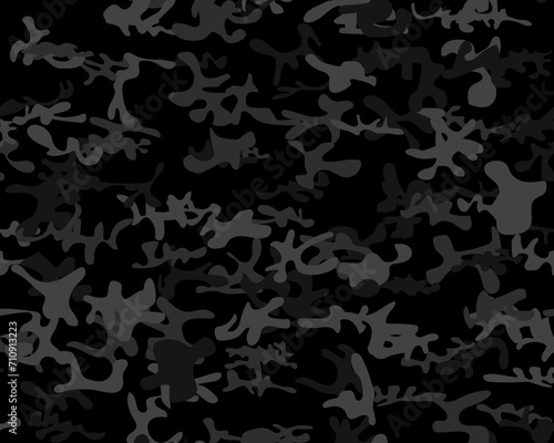 Camouflage Military Hunter. Army Woodland Print. Digital Dirty Camouflage. Gray Camo Paint. Modern Black Texture. Urban Fabric Pattern. Seamless Vector Background. Seamless Brush. Tree Dark Canvas.