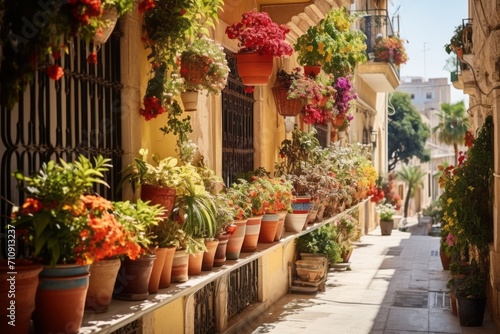 Colorful different flowers in pots on balcony or terrace, bright balcony with flowers © pundapanda