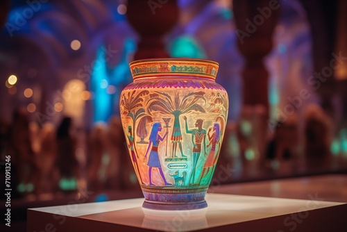 An ancient Egyptian ceramic vase depicting people and their daily lives illuminated by neon light