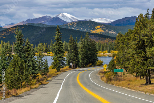 Mount Blue Sky Scenic Byway - An Autumn day view of Mount Blue Sky Scenic Byway at Echo Lake, with snow-capped Mount Blue Sky towering in background. Idaho Springs, Colorado, USA. © Sean Xu