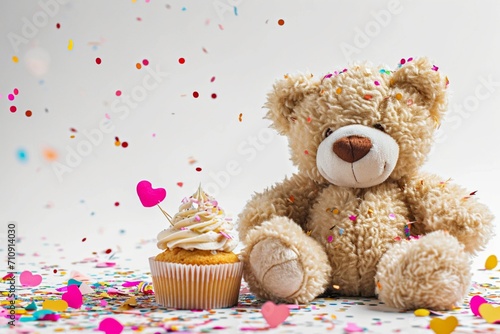 Plush teddy bear with heart-shaped confetti and a birthday cupcake isolated on a white background the sweet and celebratory elements capturing the joy and festivity of a teddy bear's birthday party