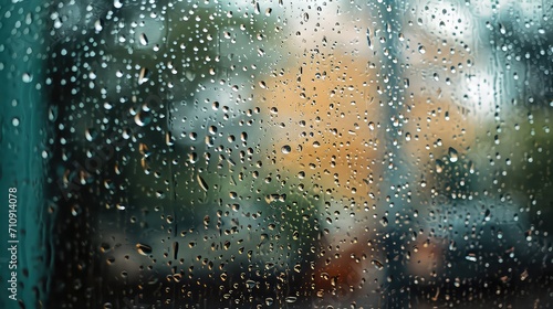 Raindrops on the window glass with blurred city lights and traffic lights in the background, capturing the essence of a rainy evening in the city