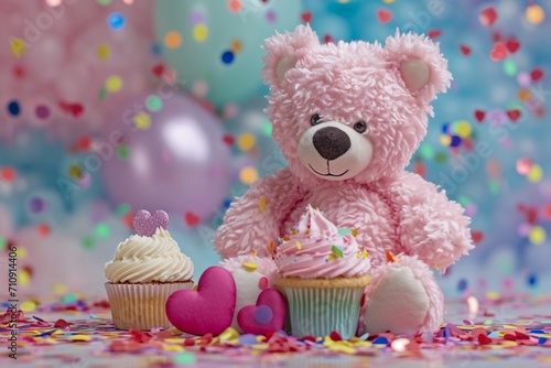 Plush teddy bear with heart-shaped confetti and a birthday cupcake the sweet and celebratory elements capturing the joy and festivity of a teddy bear's birthday party