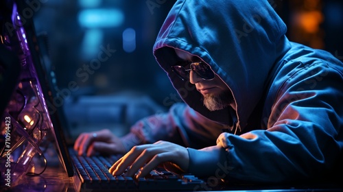 A hacker in a dark room wearing a hoodie and sunglasses is typing on a computer keyboard photo