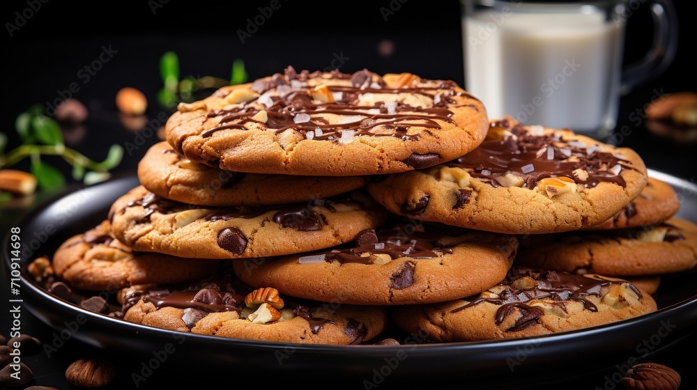 A stack of chocolate chip cookies on a black plate A stack of chocolate chip cookies on a black plate
