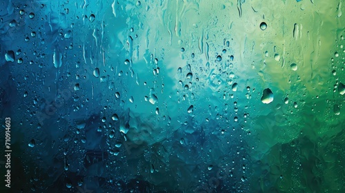 Close-up of numerous raindrops on a surface with a gradient of colors from dark blue to green and lighter shades. The background is blurred to highlight the water droplets. photo