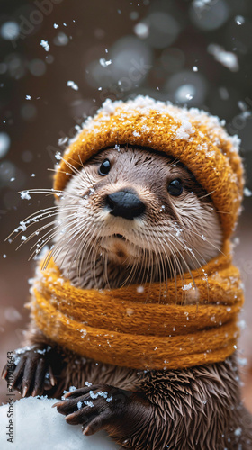 Otter in scarf & hat, snow falling.