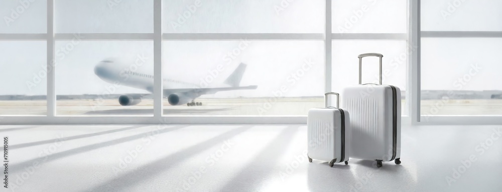 Modern Luggage in a Minimalist Airport Setting. Two suitcases stand in the foreground, a sleek airplane visible through the expansive airport window. Spirit of travel. Panorama with copy space. Modern Luggage in a Minimalist Airport Setting. Two suitcases stand in the foreground, a sleek airplane visible through the expansive airport window. Spirit of travel. Panorama with copy space.