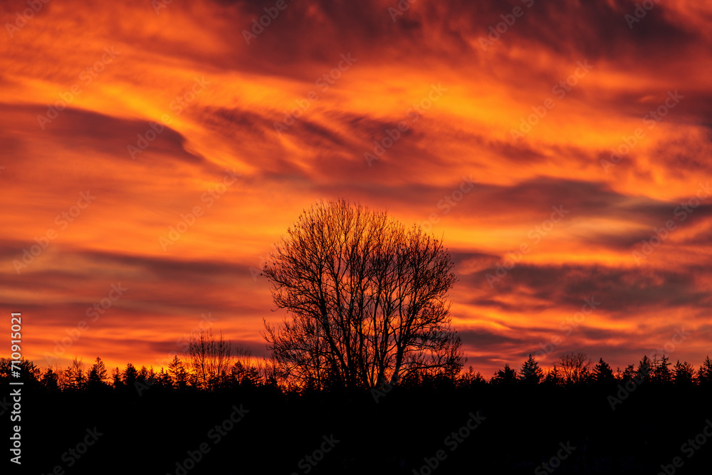 Colourful sunrise with glowing red clouds on a winter's day over the meadows and forests of Siebenbrunn, the smallest district of the Fugger city of Augsburg