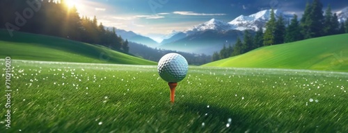 Golf Ball on Tee with Majestic Mountain Backdrop. A serene green golf course with a single ball, poised for the perfect swing. Panorama with copy space.