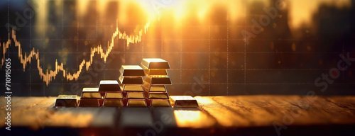 Rising Financial Charts Behind Gold Bullion. Increasing stock market graphs in the background, hinting at investment growth. Panorama with copy space. photo