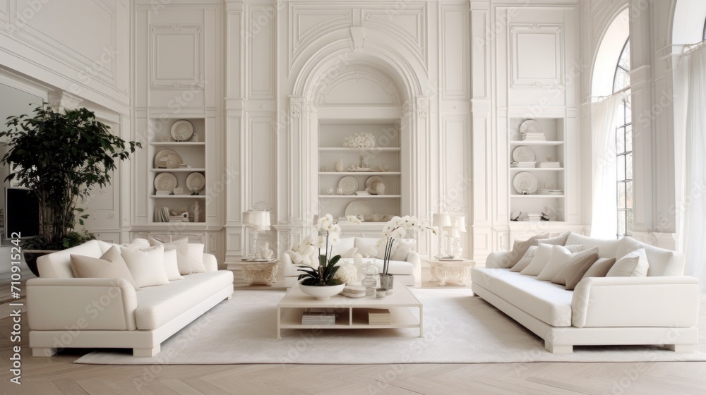 Fototapeta premium A living room with white furniture and a potted plant