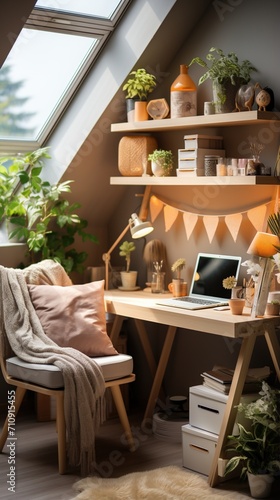 A cozy home office with a large desk  comfortable chair  and plenty of plants