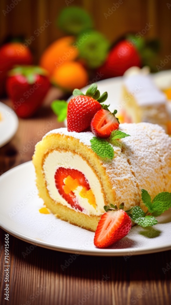 A piece of cake on a plate with strawberries A piece of cake on a plate with strawberries