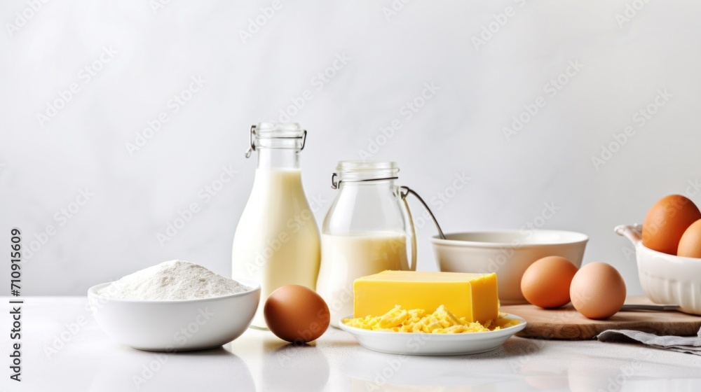 A table with eggs, milk, butter, and other ingredients A table with eggs, milk, butter, and other ingredients