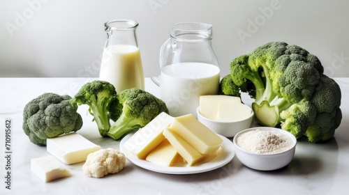 Broccoli, cheese, milk, and other ingredients on a table photo