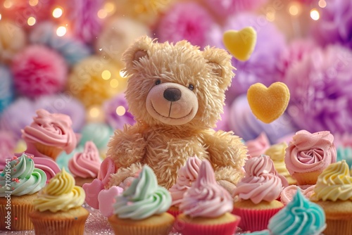 Teddy bear surrounded by a ring of heart-shaped cupcakes with colorful frosting the delicious treats and the bear's cheerful demeanor creating a delightful birthday tableau