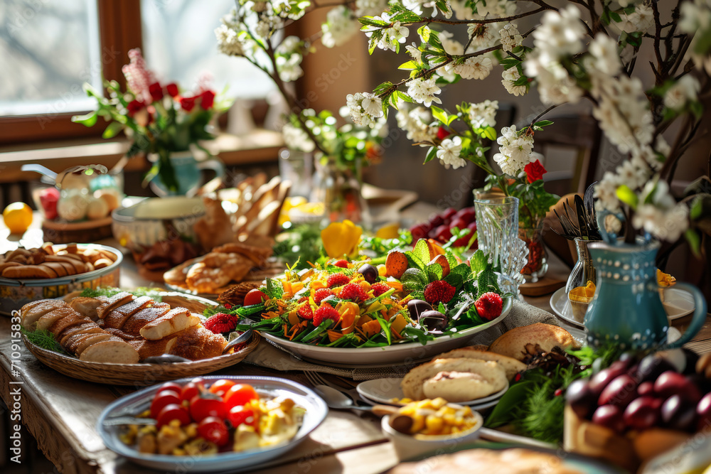 Set table for Easter celebrations. Traditional dishes and flowers on table. Spring Festival