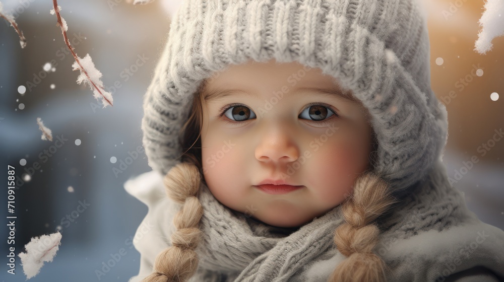 Close-up of a cute girl with pigtails wrapped in warm winter clothes with a hood Close-up of a cute girl with pigtails wrapped in warm winter clothes with a hood