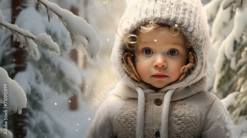 A charming baby with rosy cheeks and sparkling eyes sits among the trees and snow looking at the camera