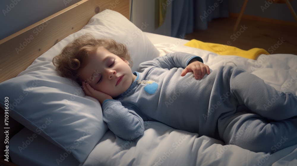 Portrait of a sleeping child with a curly head in pajamas lies on the bed Portrait of a sleeping child with a curly head in pajamas lies on the bed