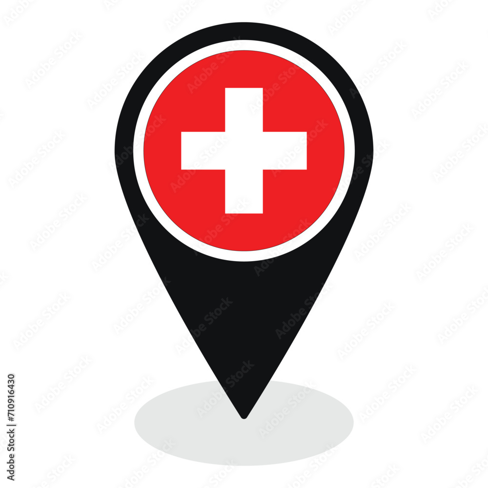 Obraz premium Switzerland flag on map pinpoint icon isolated. Flag of Switzerland