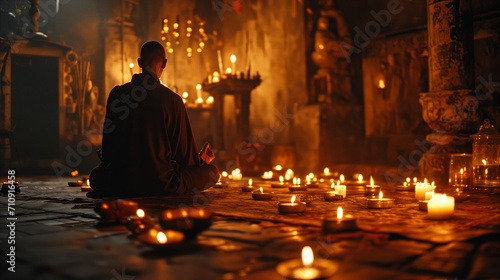 Monk meditating in a candlelit temple with a serene ambience