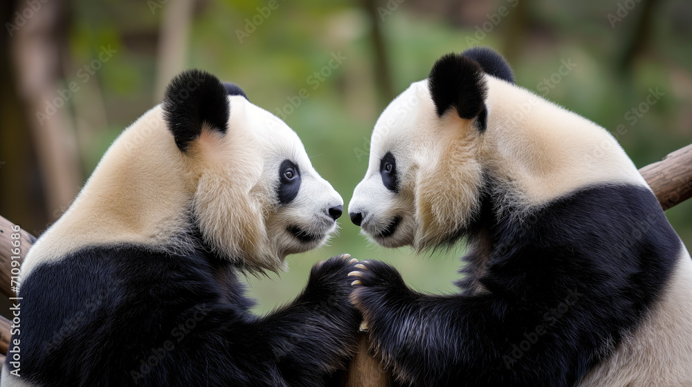Fototapeta premium A couple of panda bears in love, looking at each other.
