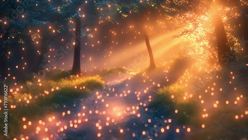 Fantasy forest. Fairy tale magical morning forest with glowing fireflies. Magical particles swirl among the fantastically enchanted trees. Mystical woods. sparkling lights photo