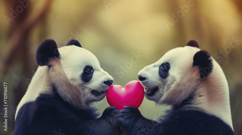 Two panda bears are playing with a red heart shaped balloon.