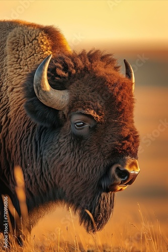 Majestic Bison in Yellowstone, Detailed side portrait of a walking bison, powerful and stoic, set against a softly blurred prairie landscape background, in the warm light of sunset.