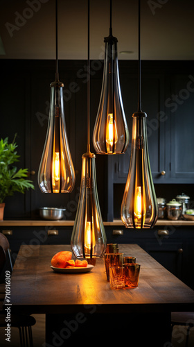 Elegant pendant lights casting a warm glow against a dark backdrop photo