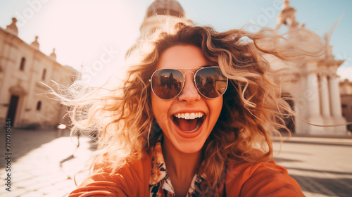 Beautiful traveler caucasian girl in trendy clothes make selfie, smiling at camera Close up self portrait of joyful hipster woman in trendy clothes make selfie blurred background