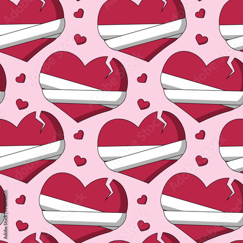 Seamless pattern with Heart crack and in bandage