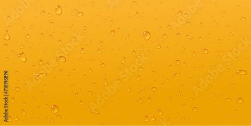 Beer abstract background. Condensate glass in macro texture. Transparent water drops on yellow surface. Cold beverage concept juice. oil or champagne. Stock vector illustration in realistic style.