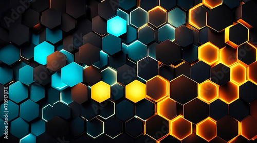 Abstract hexagon pattern background with glowing lights.
