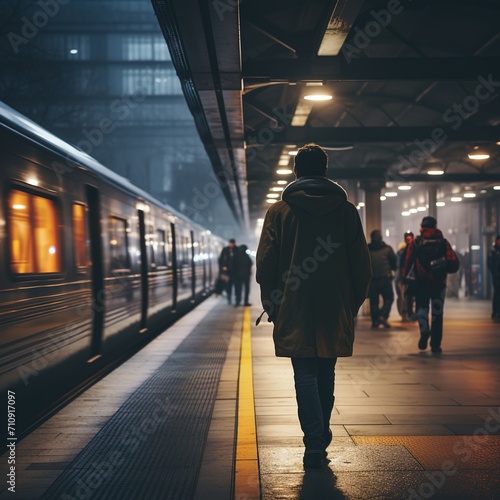 Man walking away from a train at a station platform
