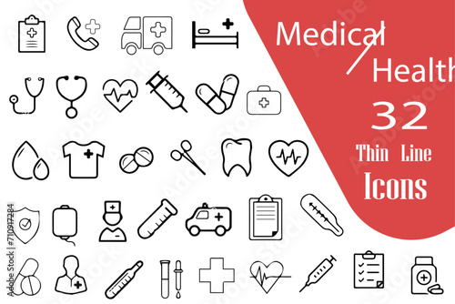 Medical thin line editable vector icons. General medical icons: signs and symbols of medicine and pharmacology, hospital, doctor, tests, etc.