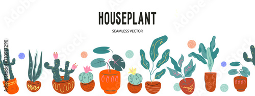 Seamless background with houseplants, cartoon flat vector illustration isolated on white background. Home garden hobby, cultivating houseplants.