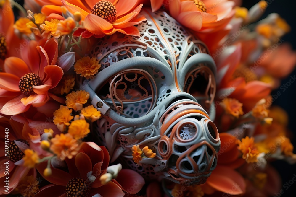 Fototapeta premium A masquerade with fancy masks and bright flowers close up