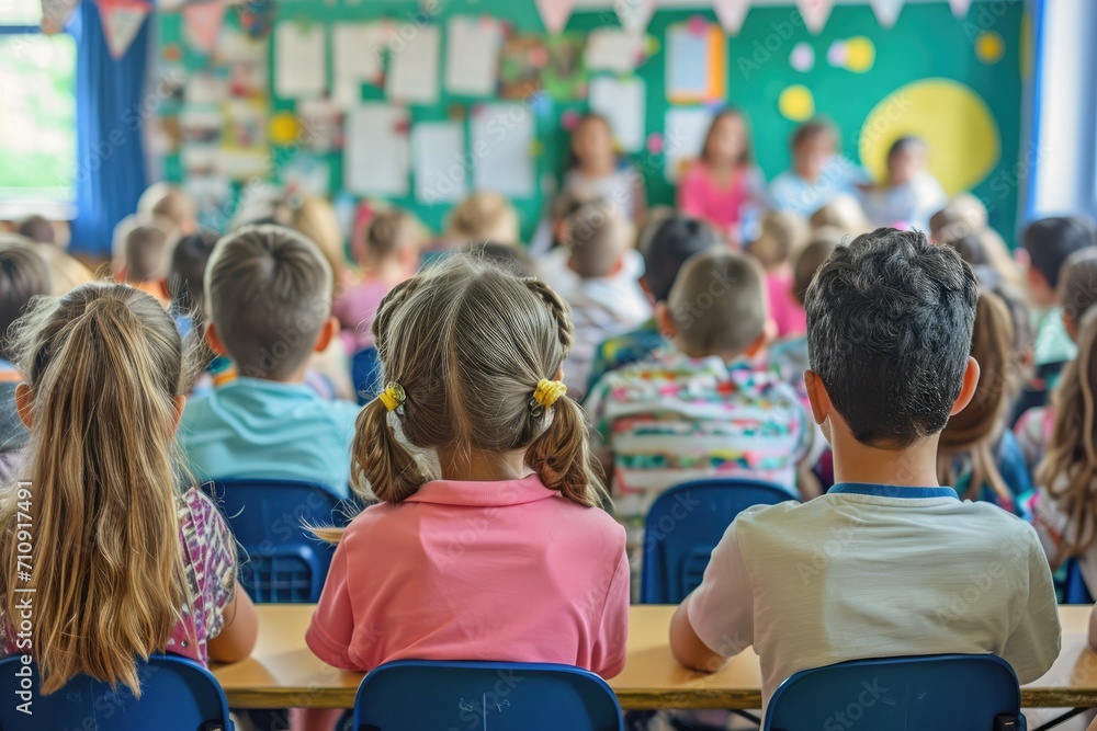 Back view of large group of school kids having a class in elementary school. 