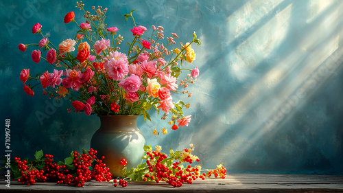 Beautiful bright still life with multi-colored flowers