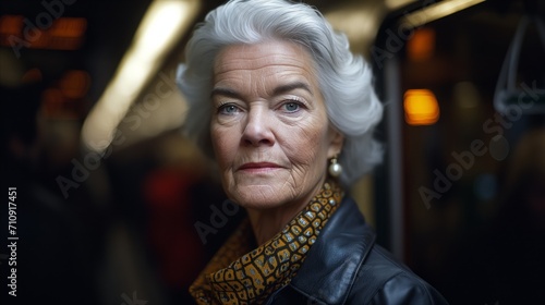 Elegant senior woman with grey hair and classy style in city
