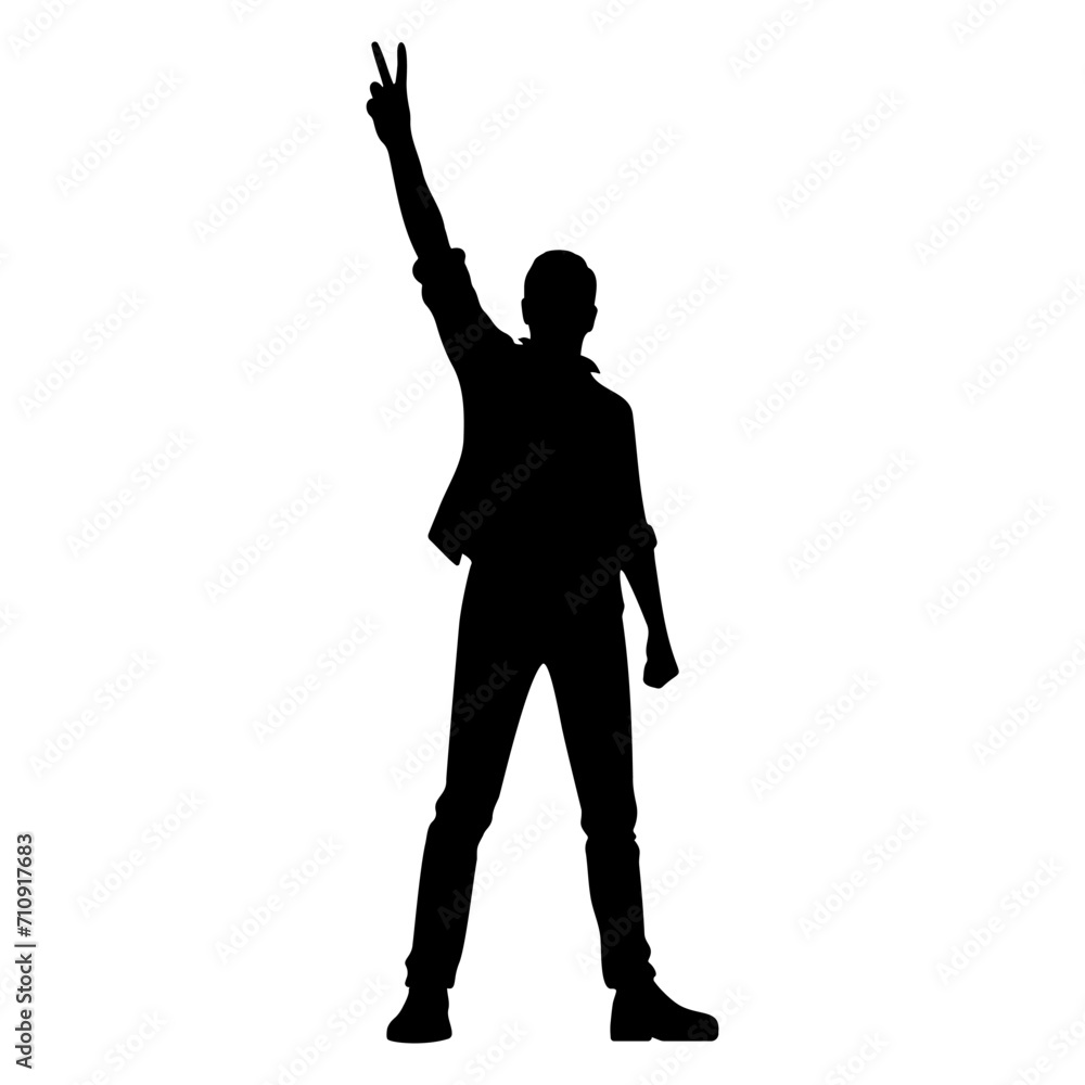 Silhouette of a man raising his arms with the victory symbol. Vector illustration