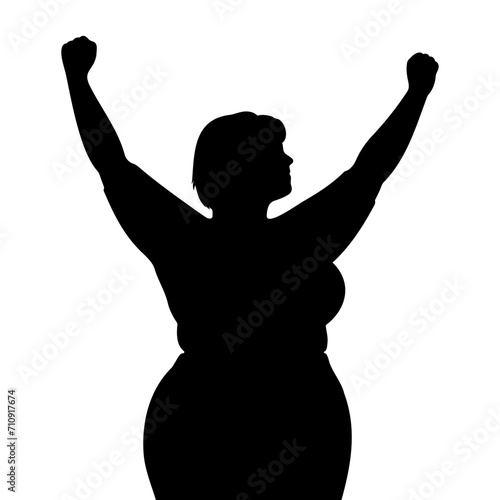 Silhouette of a curvy woman raising his arms. Victory gesture. Vector illustration