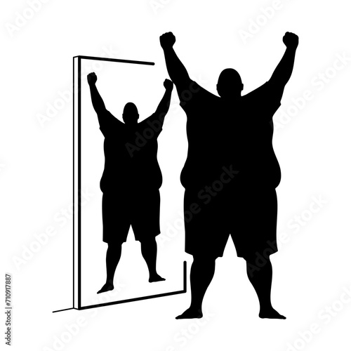 Silhouette of an obese man looking at himself in the mirror and raising his arms as a symbol of victory. Vector illustration