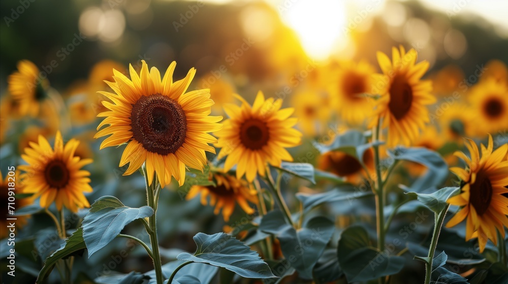 Golden hour sunlight shining through beautiful sunflower field