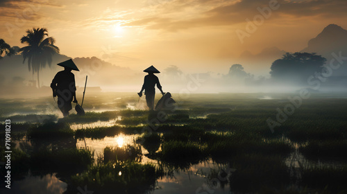 farmers are working paddy rice in a rice field at sunrise in vietnam © Sergio