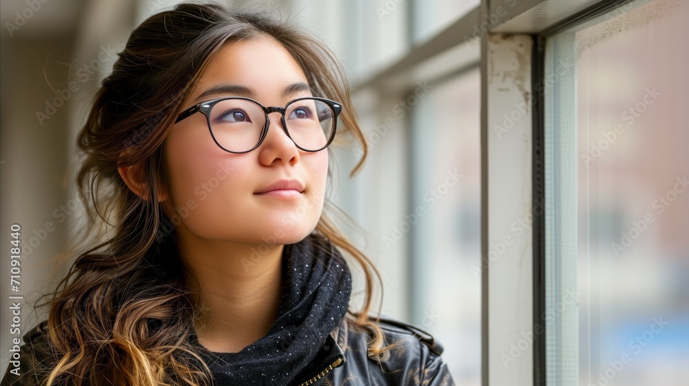 Young asian woman gazing out of a window in contemplation Young asian woman gazing out of a window in contemplation