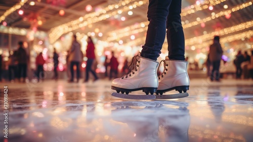 Little girl ice skating on a rink with blurred background photo